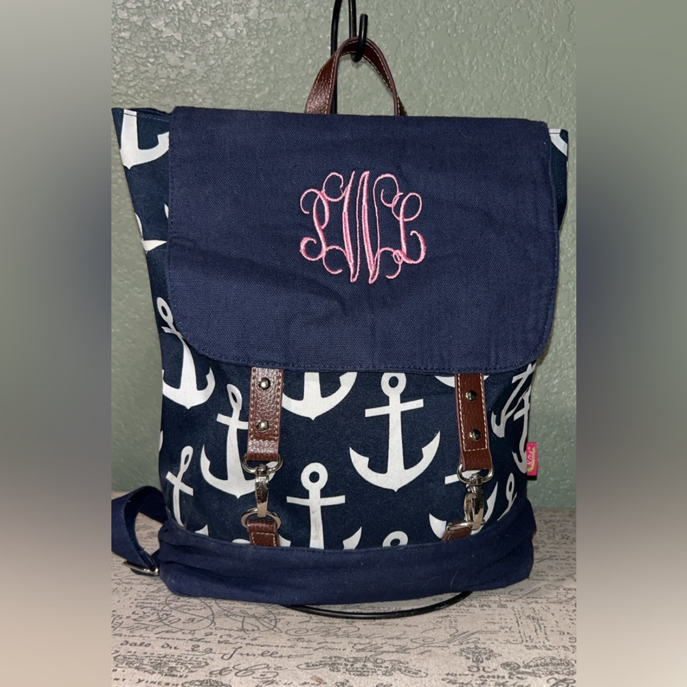 Navy Anchor Print Backpack with Pink Monogram